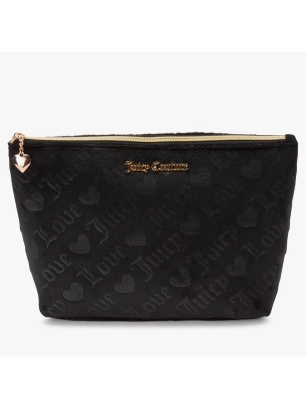 Juicy Couture Black Logo Quilted Velour Top Zip Wedge Cosmetic Toiletry Bag